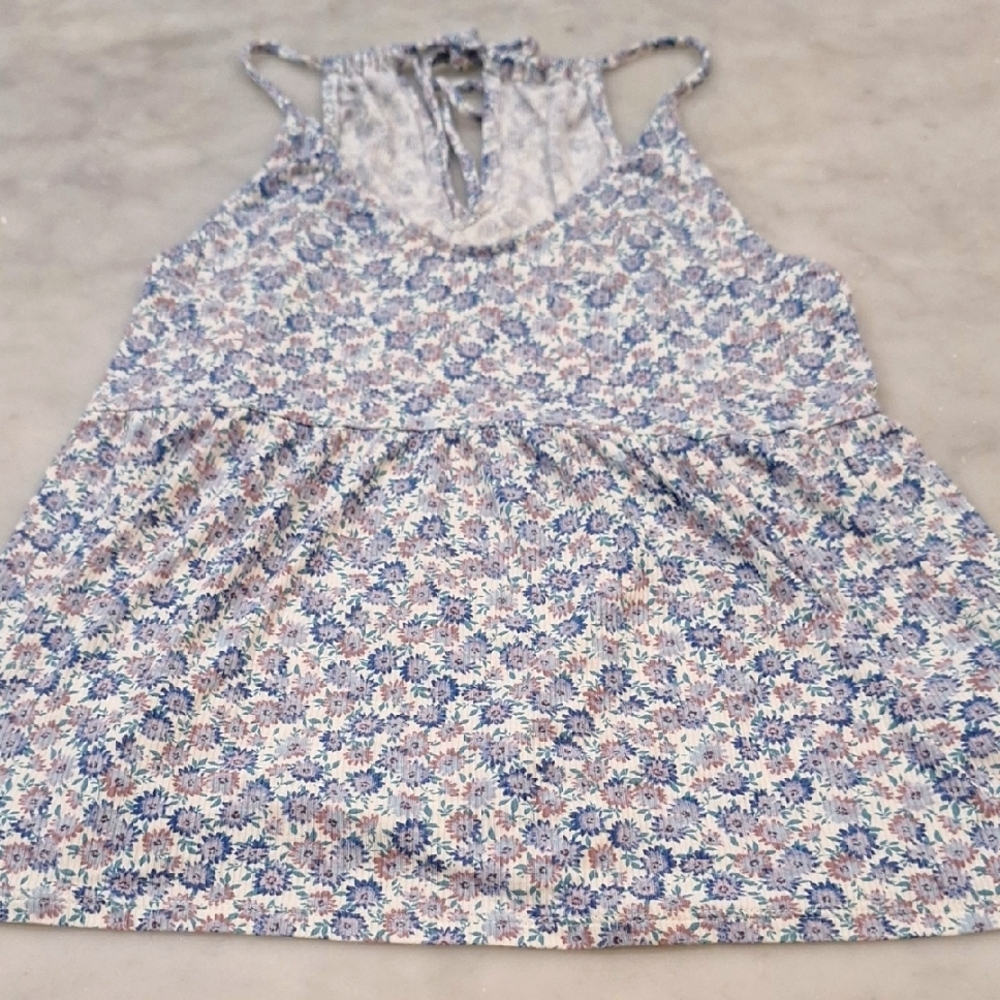 American Eagle Small Floral Sleeveless Peasant Empire Waist Blue White Tank Boho